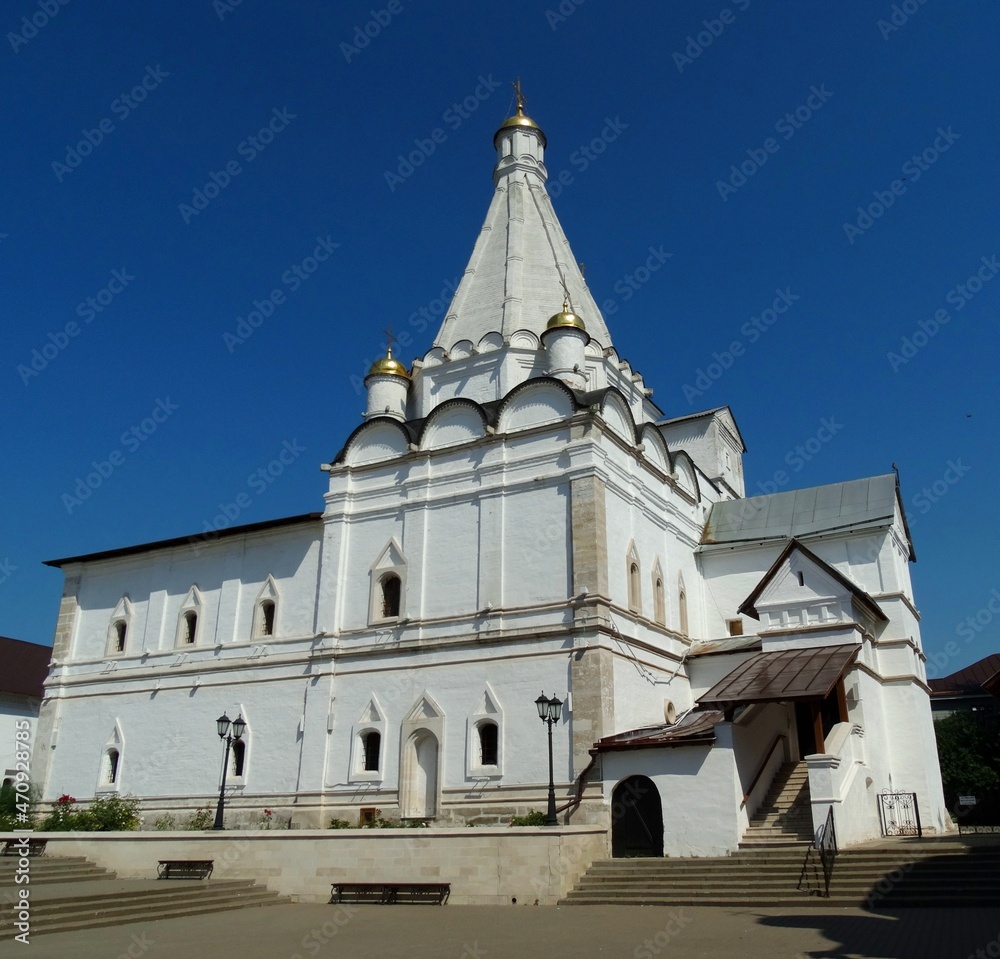Ancient historical building of orthodox church cathedral in Russia, Ukraine, Belorus, Slavic people faith and beleifs in Christianity Serpukhov Russia