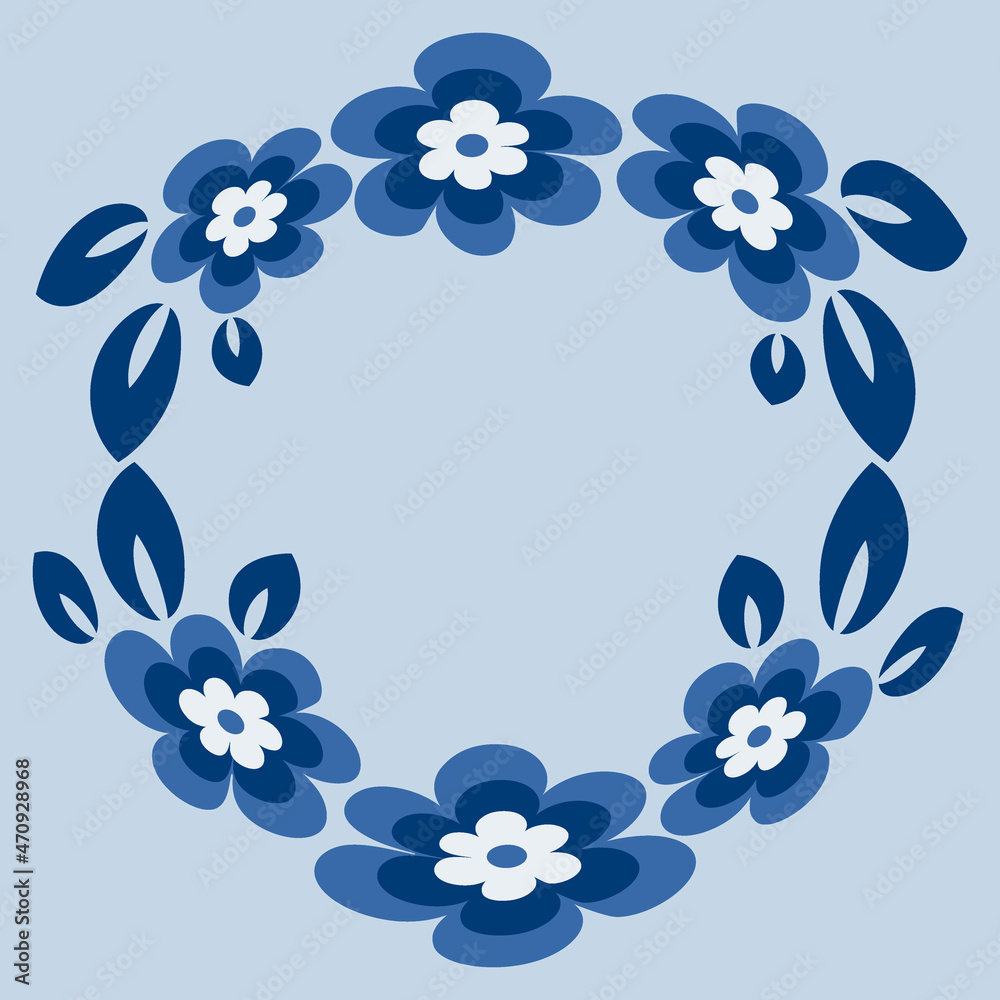 Illustration - Round frame or wreath on a square background - stylized flowers and leaves - graphics. Design elements