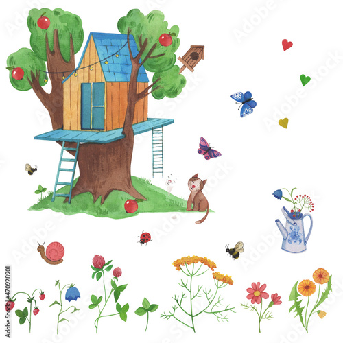 Cute children's treehouse with watercolor hand drawn field wild flowers. Stock illustration. Poster with cartoon style tree house. photo