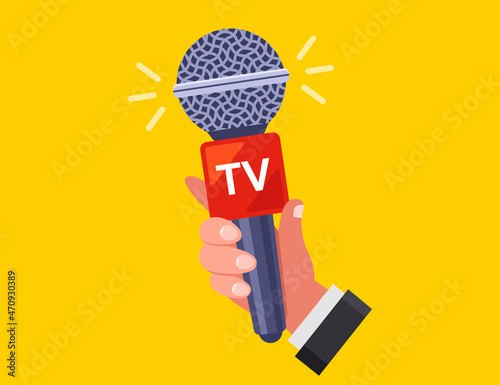 hand holds a microphone. The journalist is interviewing. flat vector illustration.