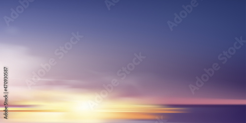 Sunrise in Morning with Orange,Yellow,Pink,purple,blue sky, Dramatic twilight landscape with Sunset in evening,Vector mesh horizon Dusk Sky banner of sunlight for four seasons background © Anchalee