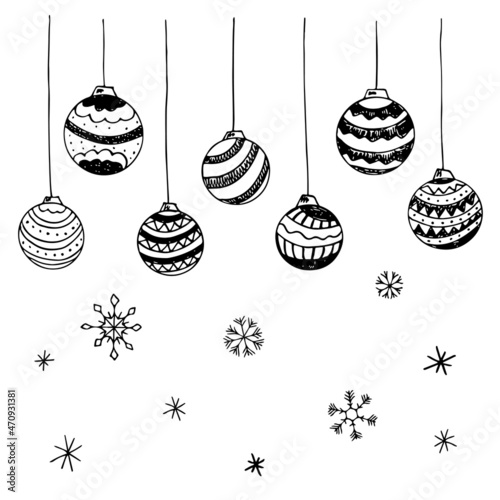 Set of vector doodle Black and white Christmas hand drawn balls.