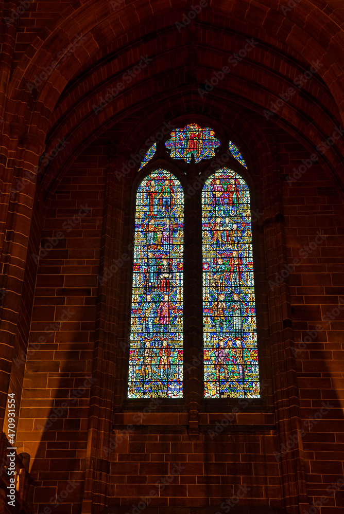 Stained glass from interior of the Church of England Anglican Cathedral of the Diocese of Liverpool