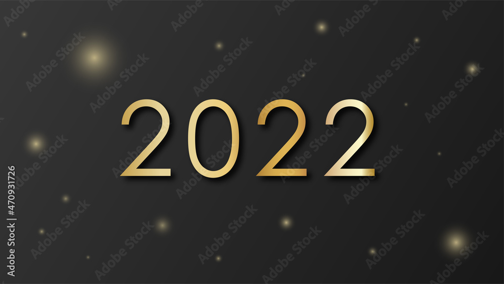 2022 New Year. Greeting design gold number of year. Elegant gold text 2022. Luxury New Year numbers with glitter, glares, and highlights on dark background. Numbers for card and calendar vector