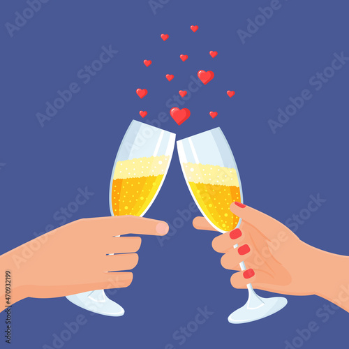 Hands holding glasses with champagne. Valentine celebrating concept. Festive vector illustration.