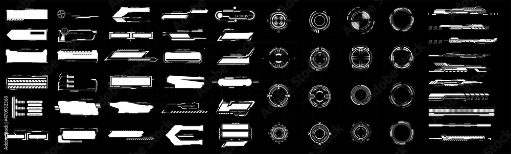 HUD set frames. Futuristic modern user interface elements, control panel. Hud interface icons vector illustration set. Circle and rectangular shape borders. High tech screen for video game. - obrazy, fototapety, plakaty 