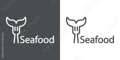 Logotipo restaurante. Banner con texto Seafood y silueta de cola de pescado con forma de tenedor con líneas en fondo gris y fondo blanco