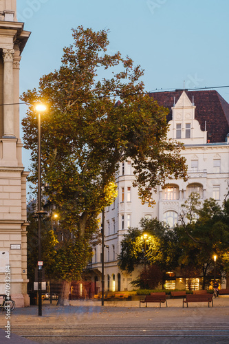 Budapest, Hungary, Europe, October 27, 2021: Evening street view in Budapest. Tourist places.