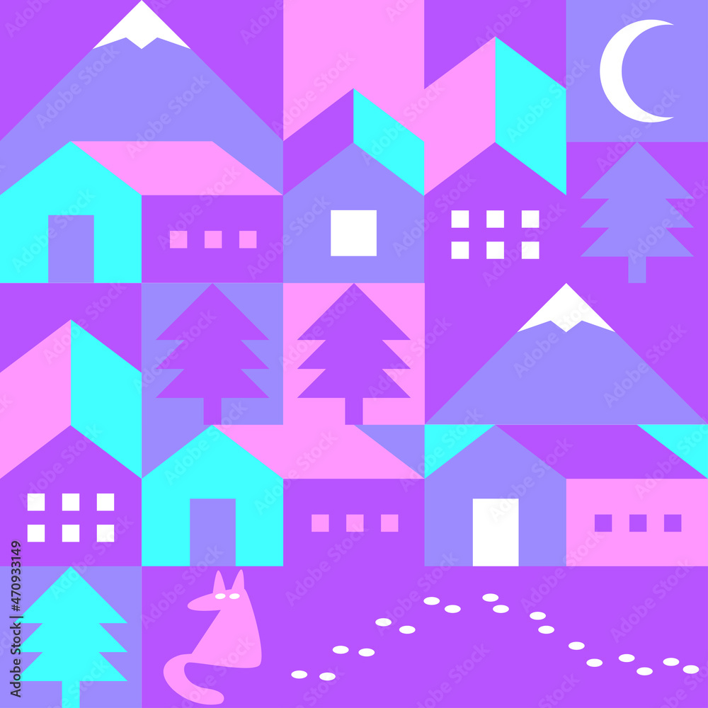 Neon winter Geometric Seamless Pattern. Christmas, new year night Forest landscape postcard background