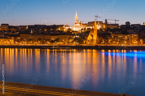 Budapest, Hungary, Europe, October 27, 2021: A panoramic view of the bridge and buildings in Budapest. Colorful evening view in Budapest, Hungary, Europe.