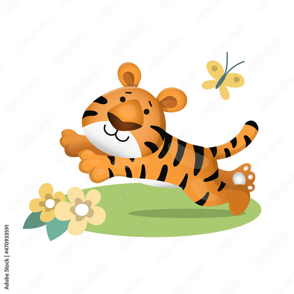 Cute cartoon tiger running after butterfly and jumping. Vector illustration isolated on white background Cute cartoon tiger running after butterfly and jumping. Vector illustration isolated on white background