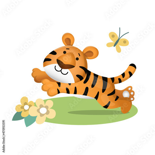 Cute cartoon tiger running after butterfly and jumping. Vector illustration isolated on white background
