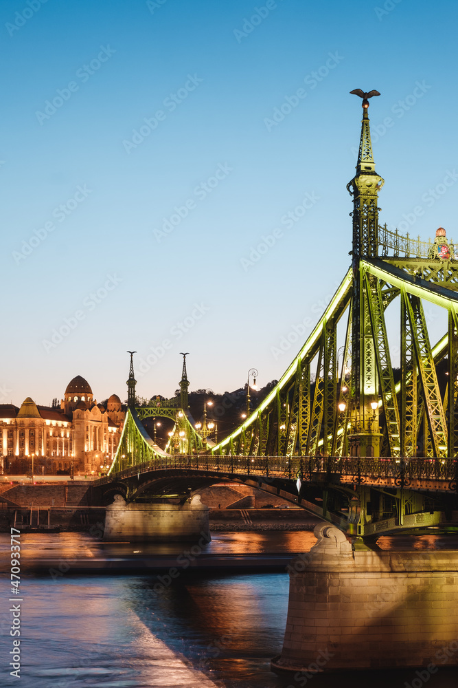 Obraz premium A panoramic view of the Liberty Bridge and buildings in Budapest. Colorful evening view in Budapest, Hungary, Europe.