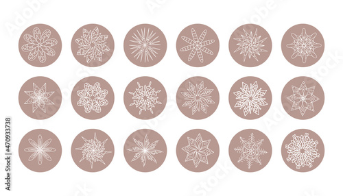 Social media highlight covers winter snowflake in boho style. Snow set of minimal icons, simple bohemian outline logo design. Collection frozen circle vector illustration. Feminine decorative element