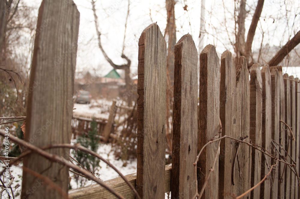 Fototapeta premium a hole for passage in an old fence in winter close-up