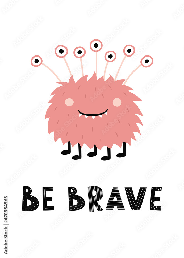 Cute fluffy monster with eyes and teeth. Children's pre-made card with a funny character. Vector illustration for greeting card, invitation, children's room design, T-shirt print Cute fluffy monster with eyes and teeth. Children's pre-made card with a funny character. Vector illustration for greeting card, invitation, children's room design, T-shirt print