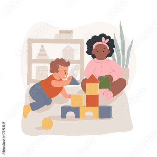 Explore colors isolated cartoon vector illustration. Child looks at bright color, baby plays with colorful toys, infant mental skill development, daycare center, early education cartoon vector.