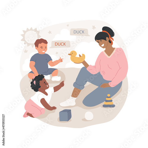 Learning to understand words isolated cartoon vector illustration. Baby listening teacher speaking, infant development milestone, emotional expression, early education, daycare cartoon vector.