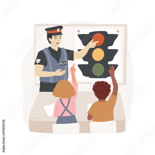Road safety lesson isolated cartoon vector illustration. Road policeman explaining traffic light, sign, teaching road safety rules, elementary school lesson, kids raising hands cartoon vector.