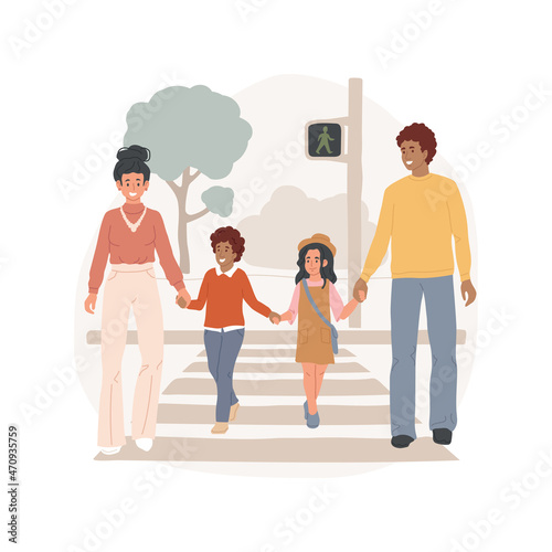 Teaching traffic rules isolated cartoon vector illustration. Parents hold children hand, crossing street at zebra cross, watch road together, teach traffic rules, primary school cartoon vector.