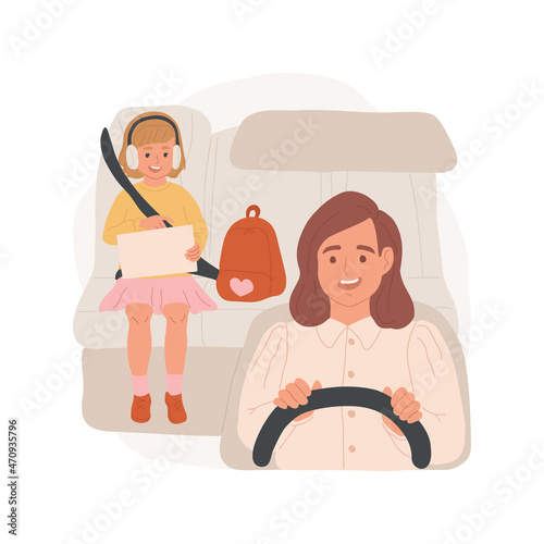 Going to school by car isolated cartoon vector illustration. Child in a car holding a bright backpack, sitting with tablet and headphones on backseat, parents daily routine cartoon vector.