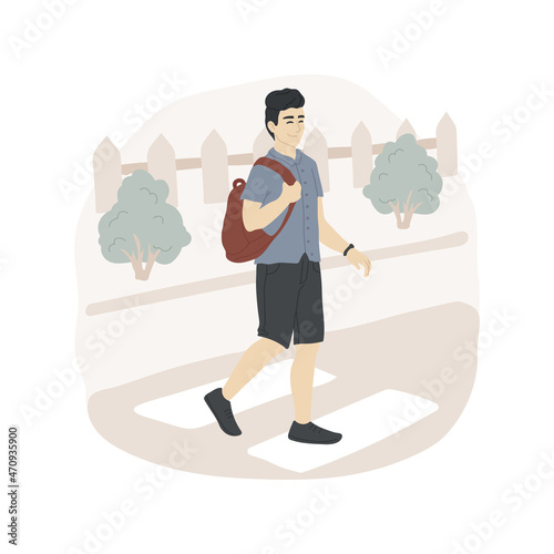 Going to school independently isolated cartoon vector illustration. Confident young teenager walking independently, crossing the street, wearing backpack, going to school alone cartoon vector.