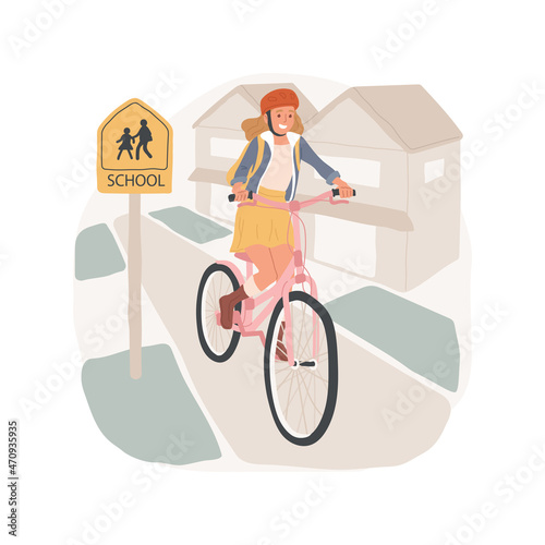 Going to school by bike isolated cartoon vector illustration. Young teen with backpack riding bike, going to school independently, way to studies, daily routine, student life cartoon vector.