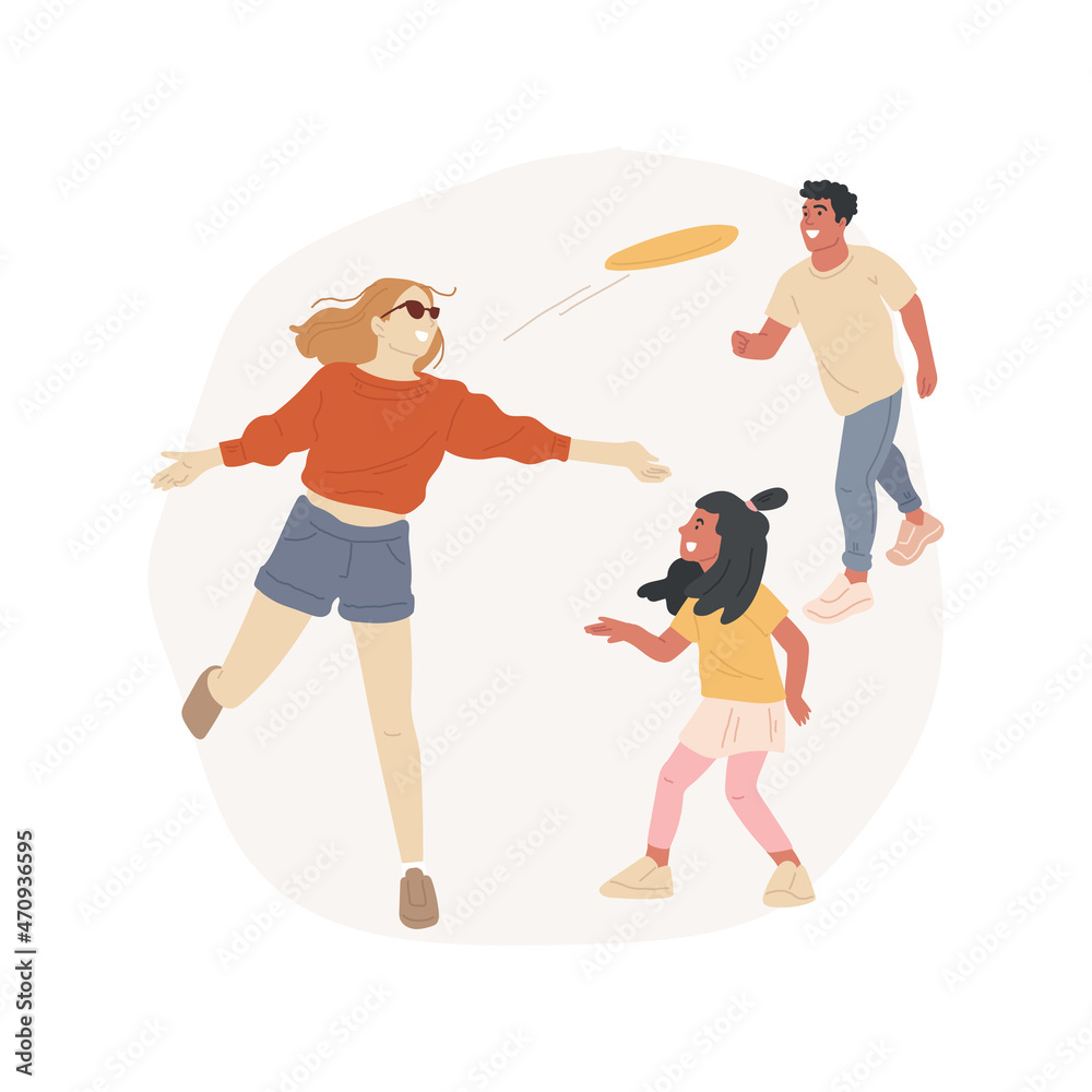 Frisbee isolated cartoon vector illustration. Family leisure time outdoors, warm outfit, fall beach activity, family members throwing frisbee to each other, walking a dog cartoon vector.