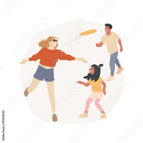 Frisbee isolated cartoon vector illustration. Family leisure time outdoors, warm outfit, fall beach activity, family members throwing frisbee to each other, walking a dog cartoon vector.