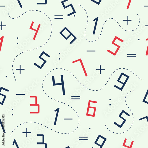 Numbers and mathematics operations seamless pattern, arithmetic background, vector illustration