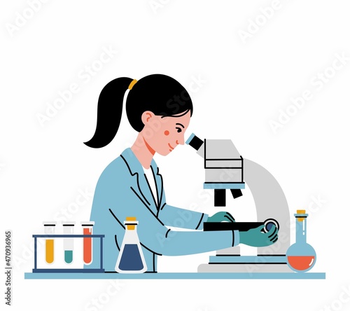 Female doctor or scientific researcher using microscope in a laboratory and doing chemical research, microbiological analysis or medical test. Vector illustration