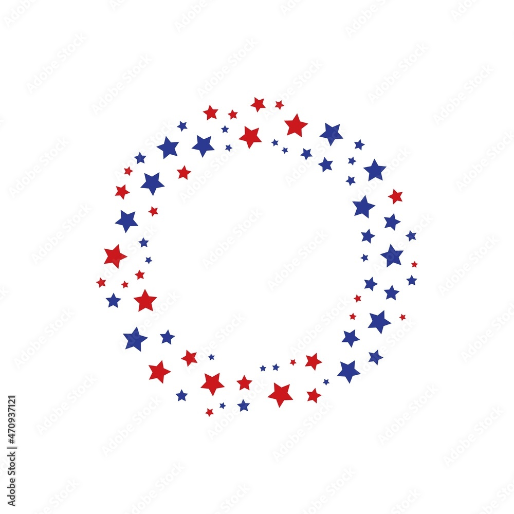 Red and blue geometric stars shapes consisting of spherical geometric particles frame - wreath or logo on the white background. Vector illustration.