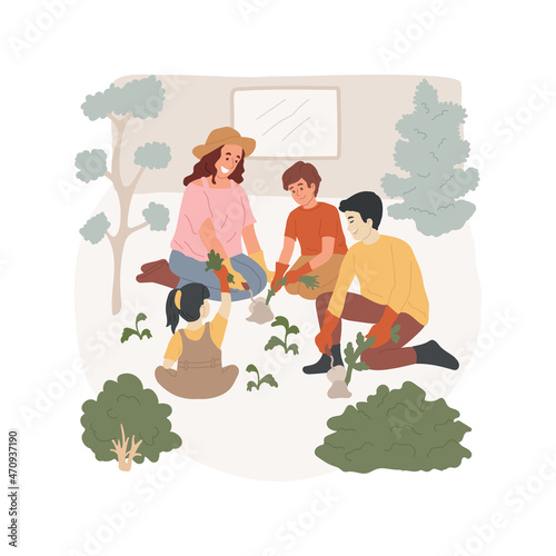 Remove weeds isolated cartoon vector illustration. Parents with kids remove weeds, backyard seasonal work, wearing gloves, children helping in the garden, pulling out grass cartoon vector.