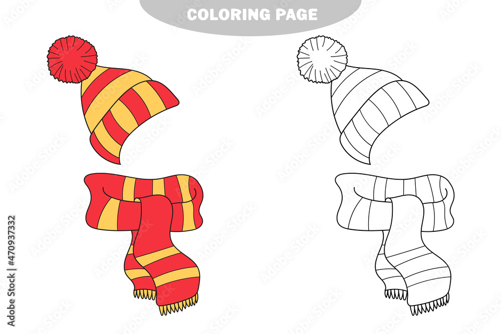 Simple coloring page. Education game for kids. Warm winter scarf and hat. Color and black and white version