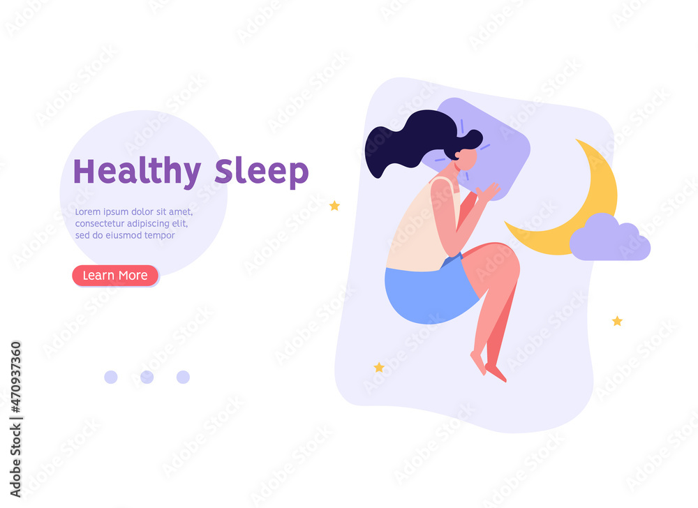 Young woman sleeping alone in bed at night. Happy girl lying with pillow. Concept of sweet sleep, healthy habits, prevent insomnia. Vector illustration in modern flat cartoon design