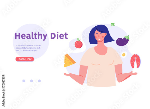 Young woman planning diet. Person with special dietary needs. Concept of health diet, healthy habits, diet plan. Girl doing dietary choice. Vector illustration in modern flat cartoon design