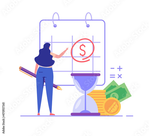 Woman is standing near to a calendar with a due date. Concept of payment date, finance calendar, pay day. Vector illustration in flat design