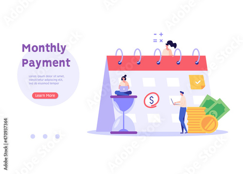 People are standing near to a calendar with a due date. Concept of payment date, finance calendar, financial stability, pay day, success. Vector illustration in flat design