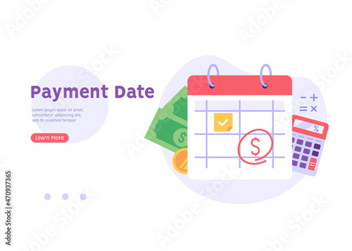 Payment calendar with coin. Concept of payment date, finance calendar, financial stability, pay day, success. Vector illustration in flat design