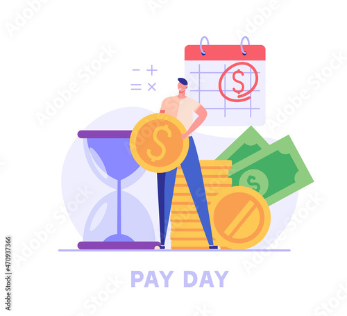 Man stands with a coin on the background of a calendar with a payment date. Concept of payment date, finance calendar, financial stability, pay day, success. Vector illustration in flat design