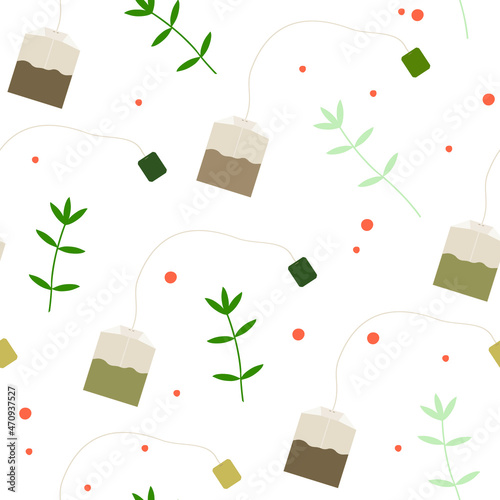 Trendy modern seamless pattern of tea bag with leaves.