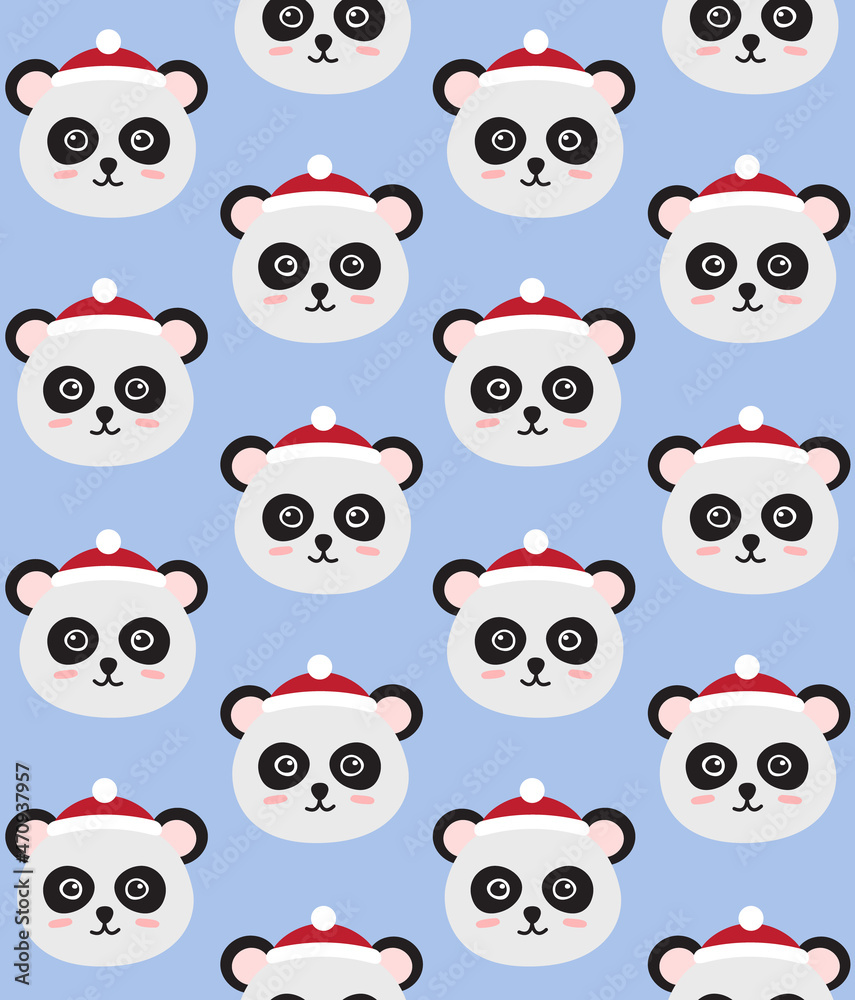 Vector seamless pattern of flat hand drawn panda face in Christmas hat isolated on blue background Vector seamless pattern of flat hand drawn panda face in Christmas hat isolated on blue background