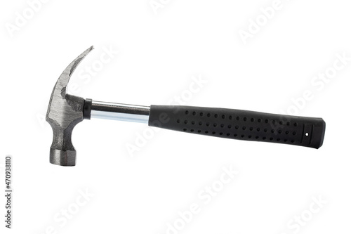 Hammer with black handle isolated on white background. Close up image of steel hammer against white background © spyrakot