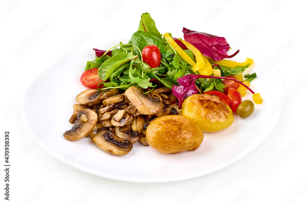 Baked potatoes with sliced champignons, isolated on white background.