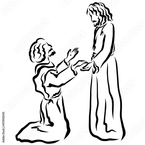 man kneels before the Lord Jesus, Thomas, another apostle or healed