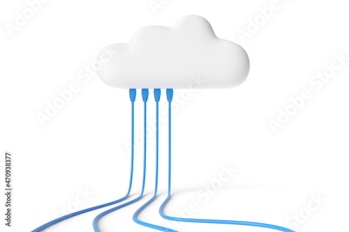 Cartoon cloud with connected network cables isolated in white background. Internet concept. 3d illustration.