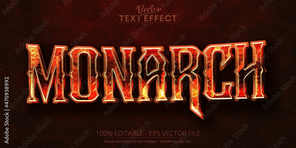 Monarch text, fire orange color editable text effect on dark grunge textured background