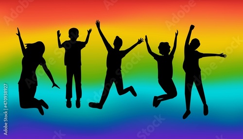 Silhouette of children jumping. Happy kids vector illustration. Rainbow background