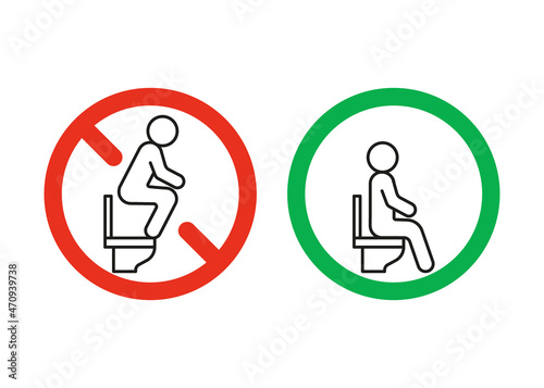 WC rules sit on seat toilet but not stand, warning sign. Right and wrong behavior. Signs allowed and prohibited to sit toilet. Correct sitting. Vector illustration