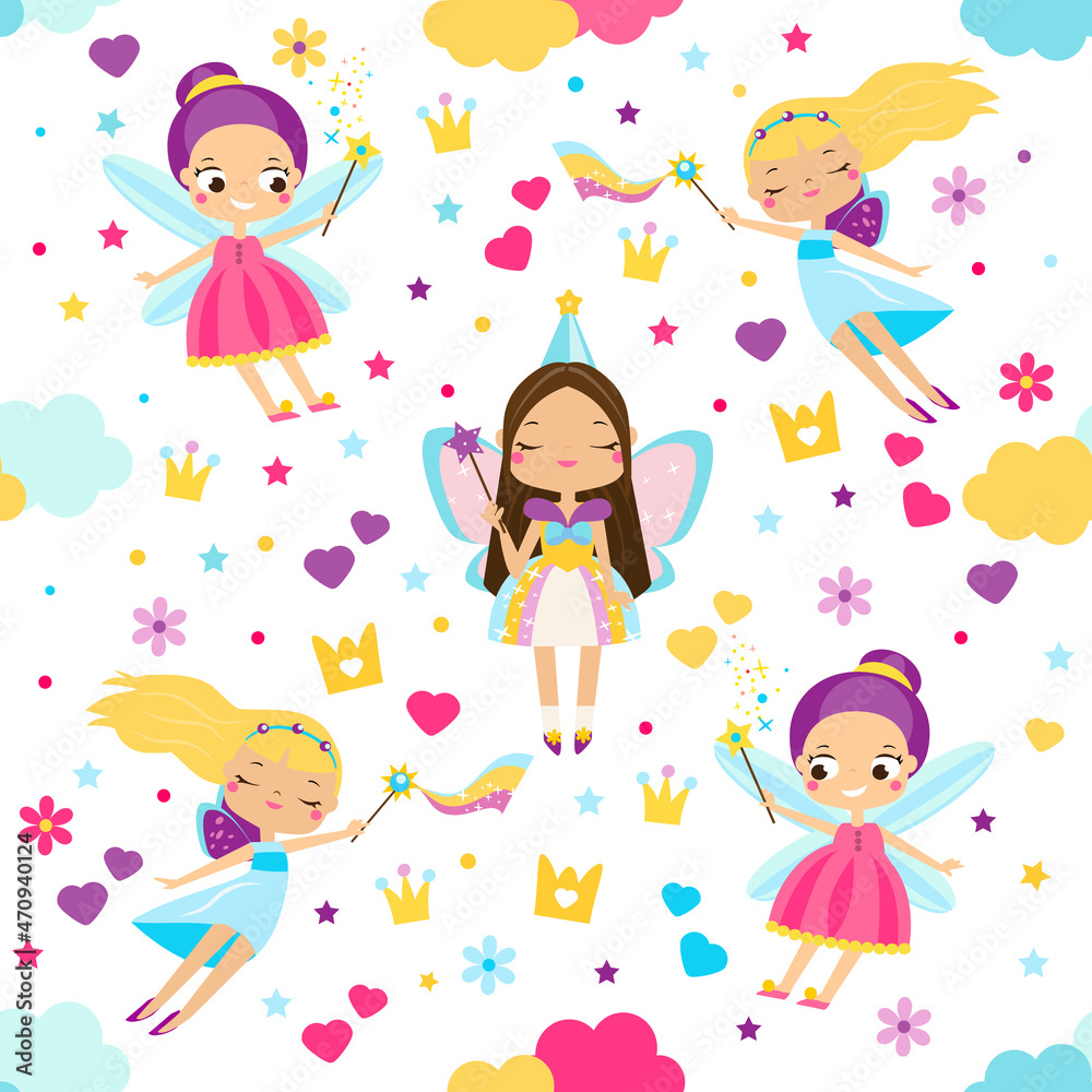 Seamless pattern with beautiful flying fairy princess. Vector background with elf girls for party invitations, gift wrapping, scrapbook papers and other design Seamless pattern with beautiful flying fairy princess. Vector background with elf girls for party invitations, gift wrapping, scrapbook papers and other design